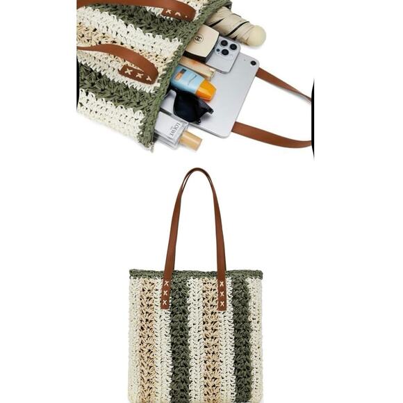 Green‎ Boho Striped Woven Tote -Handmade, Chic, Beach Bag, - Picture 4 of 7